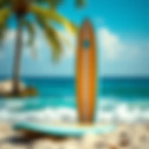 Vibrant 8 ft Surfboard on the Beach A vibrant 8 ft surfboard on a sunny beach