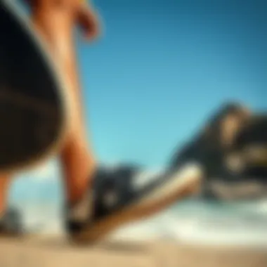 Surfer wearing DC skate shoes at the beach