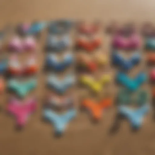 A vibrant collection of surf bikinis displayed on a beach