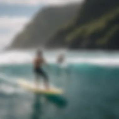 Local surfers discussing techniques and sharing insights at a surf school.