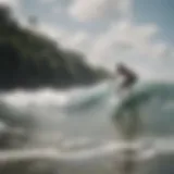 A stunning beach view with surfers riding waves