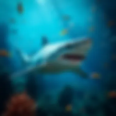 A blue shark in its natural habitat, surrounded by marine life