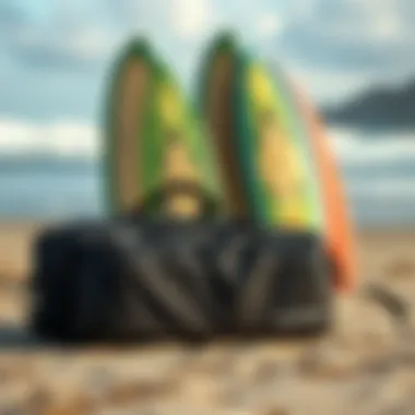 Dakine Bag on the Beach with Surfboards The Dakine Double Surfboard Travel Bag placed on a beach with surfboards peeking out