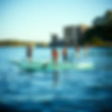 A group of paddle boarders engaging in eco-friendly practices on the water, emphasizing environmental awareness