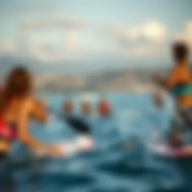 A stunning landscape view during a paddle boarding competition, illustrating the competitive spirit of the sport