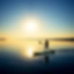A serene paddle boarding scene on a calm lake at sunrise, showcasing the tranquility of the sport