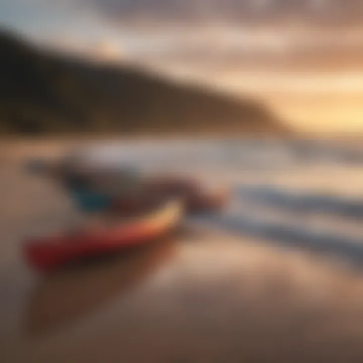 Scenic view of a group of surf canoes at sunset