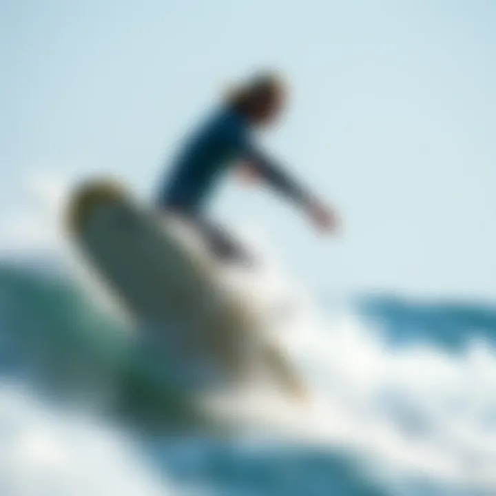 An action shot of a shortboard in motion on a wave