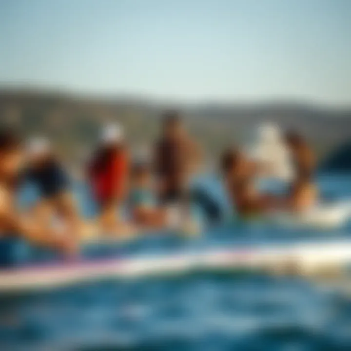 Engaged Community in Paddleboarding A vibrant community engaged in motorized paddleboarding activities.