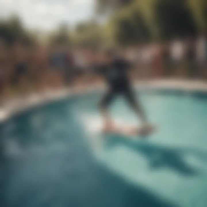 A vibrant pool skateboarding scene with spectators