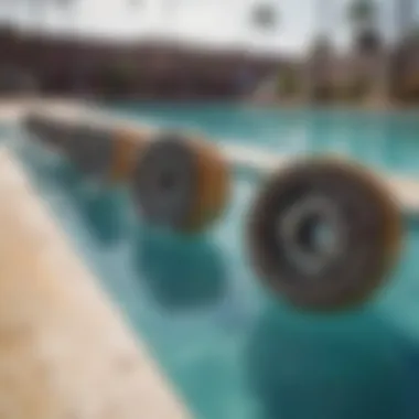 Close-up of skateboard wheels on the edge of a pool