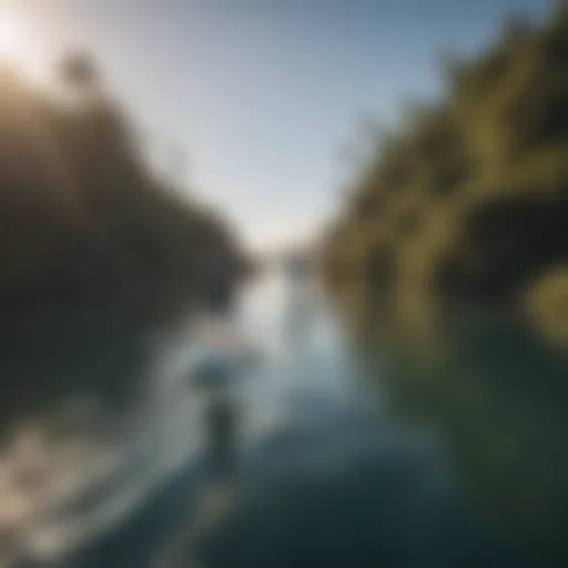 A powered stand-up paddle board gliding across tranquil waters