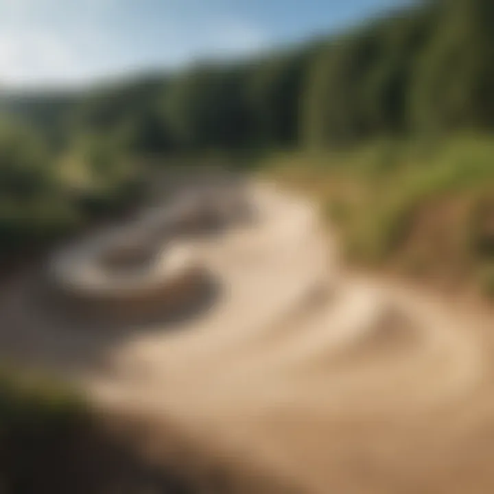 A scenic view of a pump track integrated into a natural landscape, emphasizing environmental harmony.