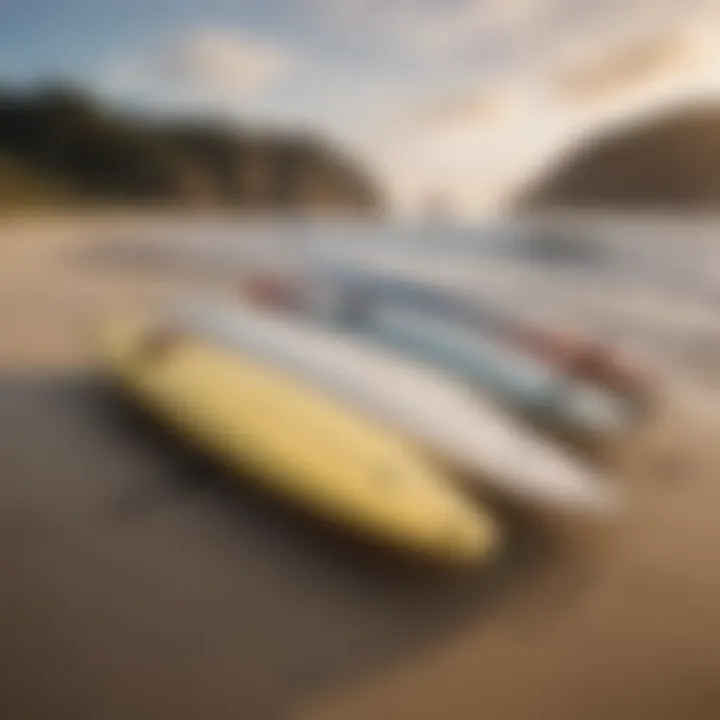 A close-up of surfboards lined up against vibrant beach scenery