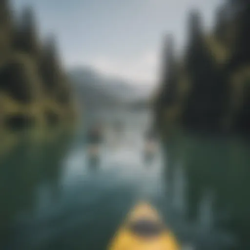 Group synchronizing their paddle strokes on a serene lake.