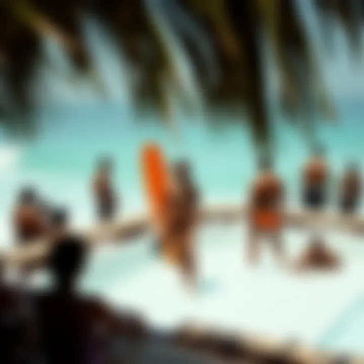 A vibrant surf culture scene around a unit surf pool with enthusiasts