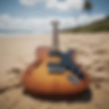 Electric guitar resting on a sandy beach, merging music with the essence of surf life.