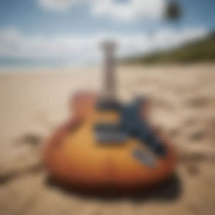 Electric guitar resting on a sandy beach, merging music with the essence of surf life.