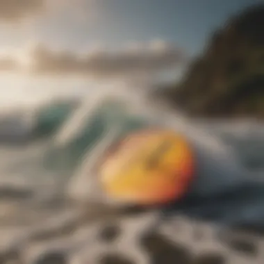 Surfboard and Waves A vibrant surfboard against a backdrop of crashing waves, symbolizing surf culture.