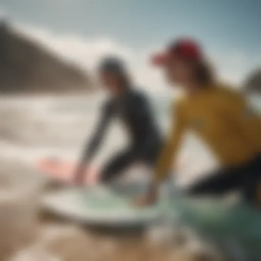 A vibrant beach scene showcasing surfers in action, wearing stylish baseball caps designed for sun protection.