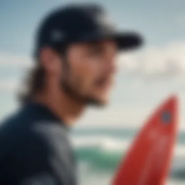Branding and Endorsements in Surf Culture A professional surfer showcasing a branded baseball cap during a competition, highlighting endorsement trends.