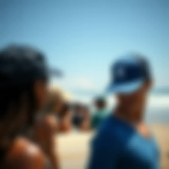 A group of surfers wearing baseball caps while enjoying a sunny day at the beach