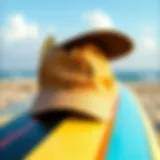 A vintage baseball cap resting atop a colorful surfboard against a beach backdrop
