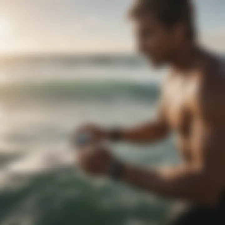 A surfer checking fitness metrics on a solar fitness watch