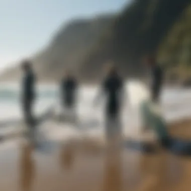 Surfers discussing the benefits of used gear on a coastal spot.