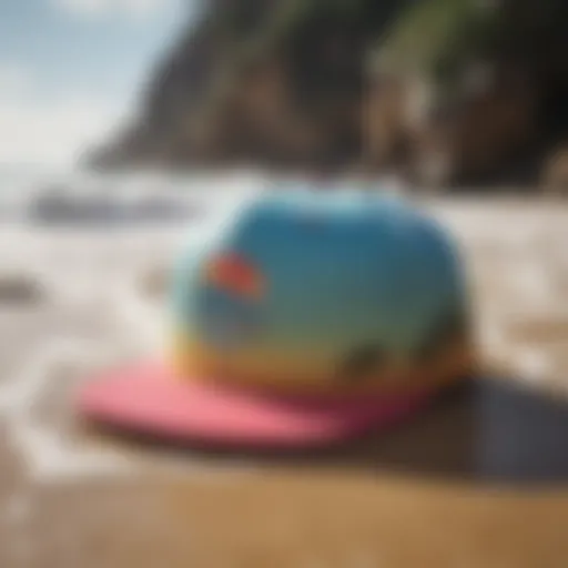 A vibrant surfing cap showcased on a beach setting