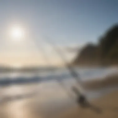 Serene Beach Setting with Ocean Master Surf Casting Rod A serene beach setting with the Ocean Master rod poised for surfcasting