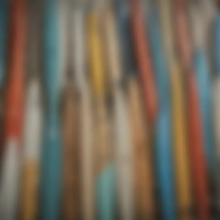 A close-up view of various paddle designs showcasing different materials and shapes.