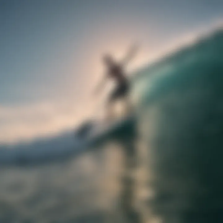 An ocean scene featuring a paddleboarder skillfully maneuvering through waves.