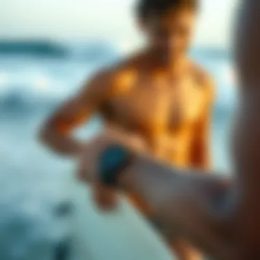 Surfer checking the tide information on the Rip Curl Ultimate Tide Watch