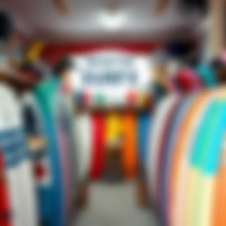 A vibrant surf shop interior filled with colorful boards and gear