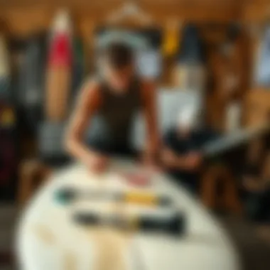 Surfboard Maintenance Essentials A surfer maintaining their board with various tools and products