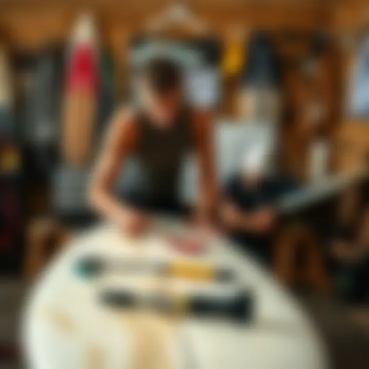 Surfboard Maintenance Essentials A surfer maintaining their board with various tools and products