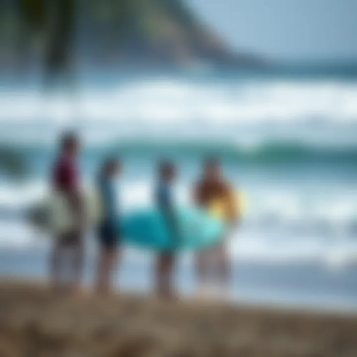 Surf school in Osa Peninsula with instructors guiding students on the beach