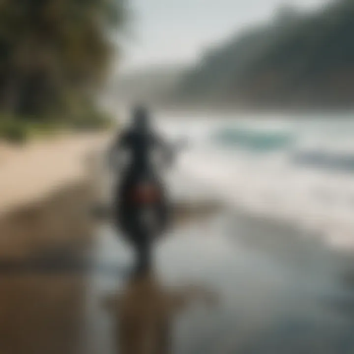 Surfer riding motorcycle with surfboard rack