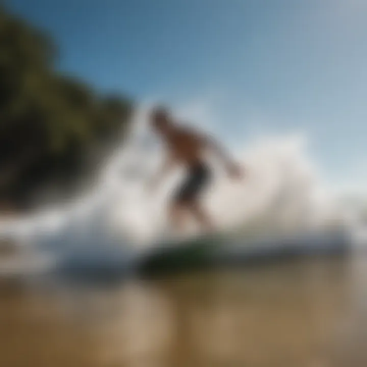 An advanced skimboarding trick being executed on a vibrant beach