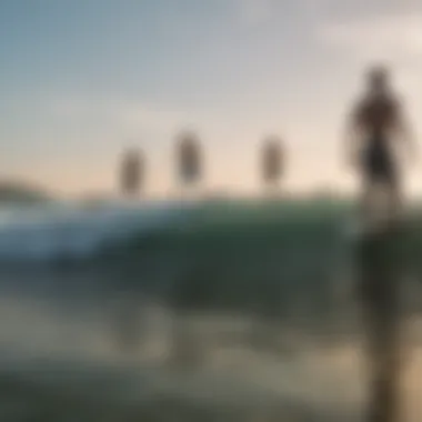 A serene beach scene with multiple skimboarders enjoying the waves