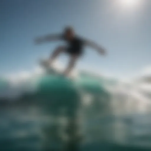 A stunning view of a skimboarder gliding over the water