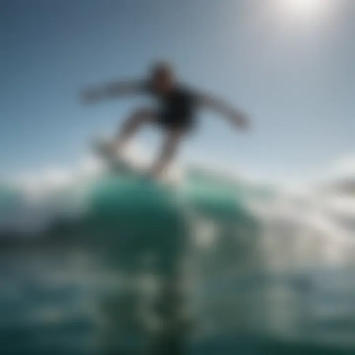 A stunning view of a skimboarder gliding over the water