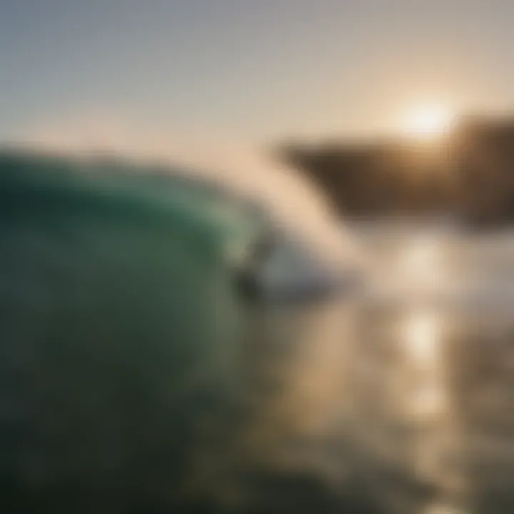 Surfers riding the iconic waves at the Wedge during sunset