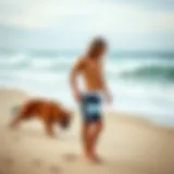 Stylish long surf shorts on a sandy beach