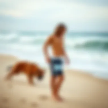 Stylish long surf shorts on a sandy beach