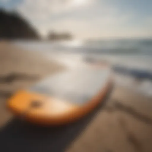 Overview of a soft top foam surfboard on the beach