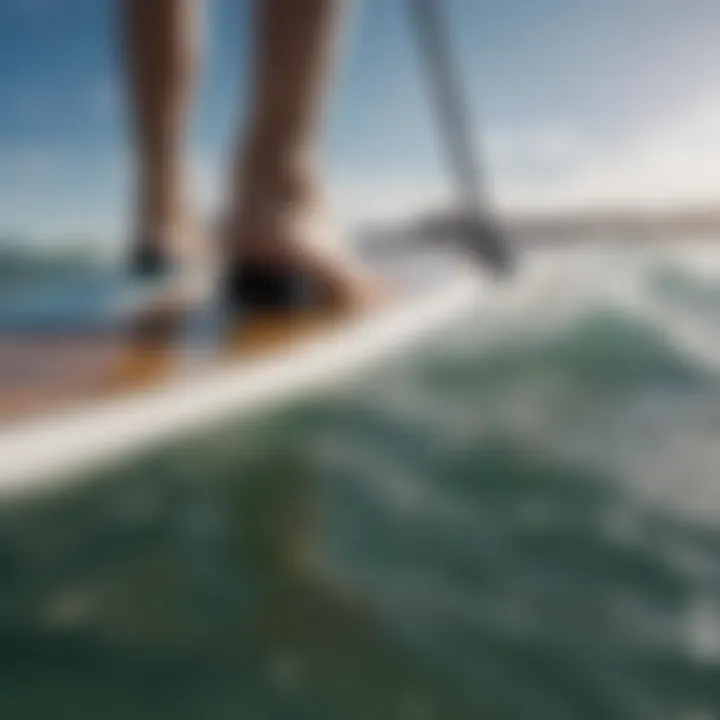 A close-up of a paddleboard with detailed features and textures