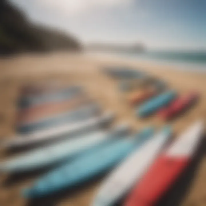 An array of different standing up boards lined up on a sandy beach