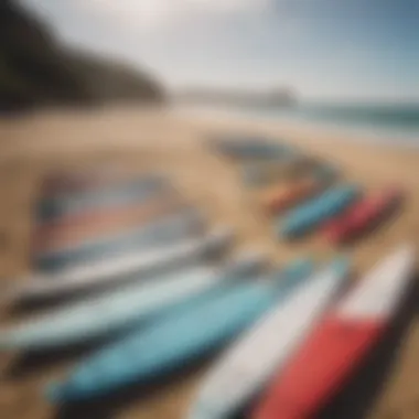 Diverse Selection of Paddleboards An array of different standing up boards lined up on a sandy beach